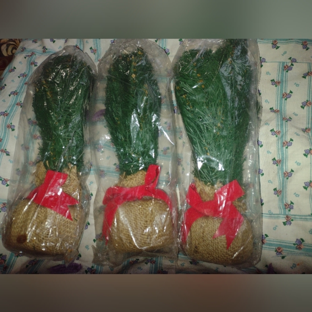 Set of Three Artificial Pine Trees with Red Bows